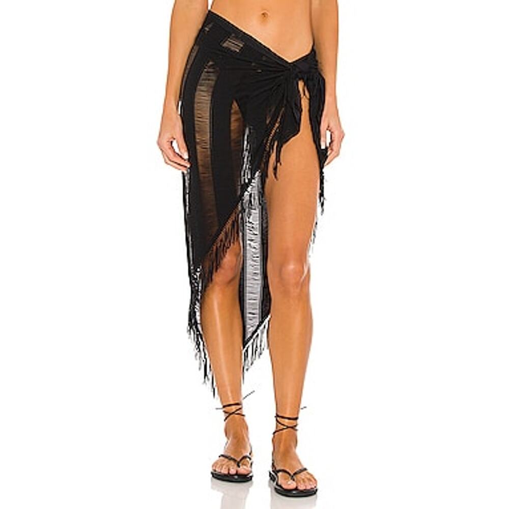 Beach Bunny Black Fringe Sheer Sarong Skirt